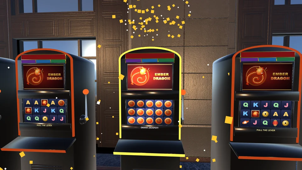 Ember Dragon slot machines with a jackpot celebration.