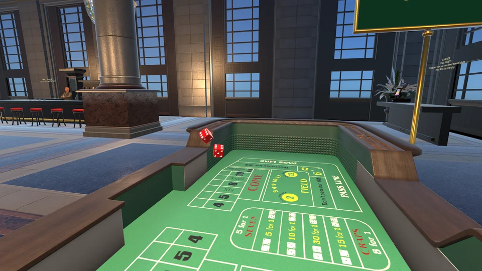 Dice in the air over the craps table in the Classic Casino.