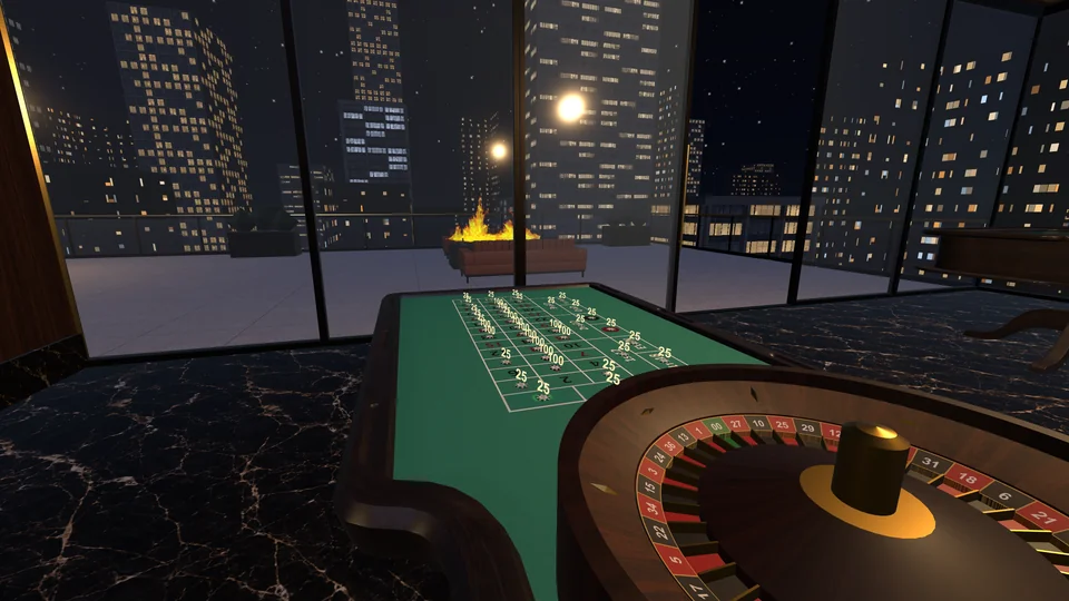The Penthouse roulette table overlooking the city at night.