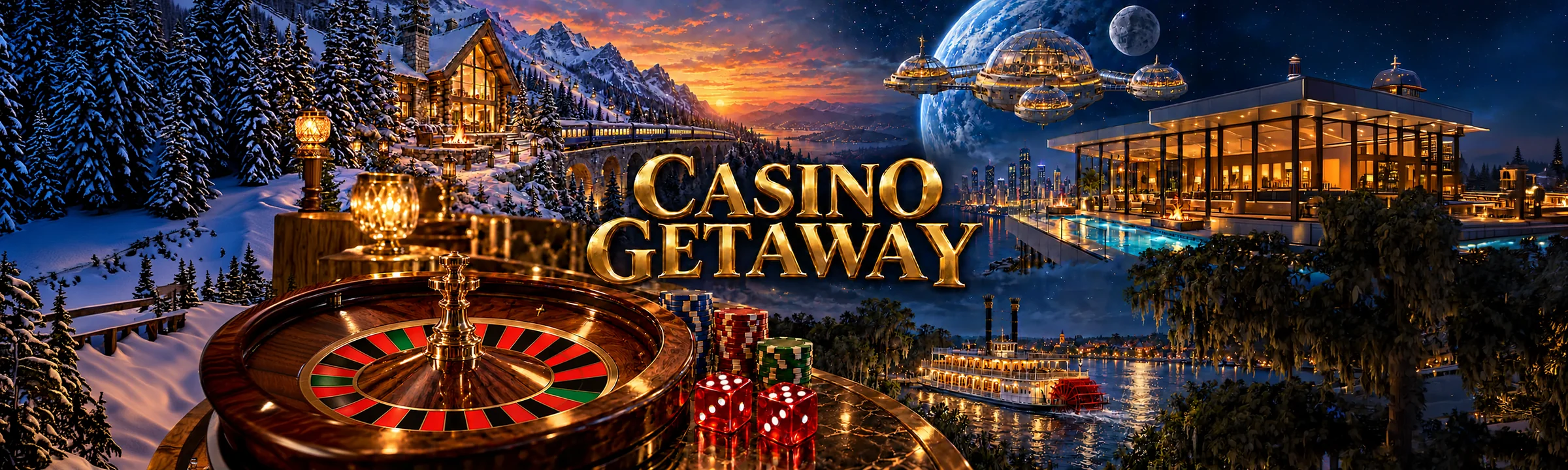 Casino Getaway: a mountain lodge, riverboat, penthouse and space station around a roulette table.