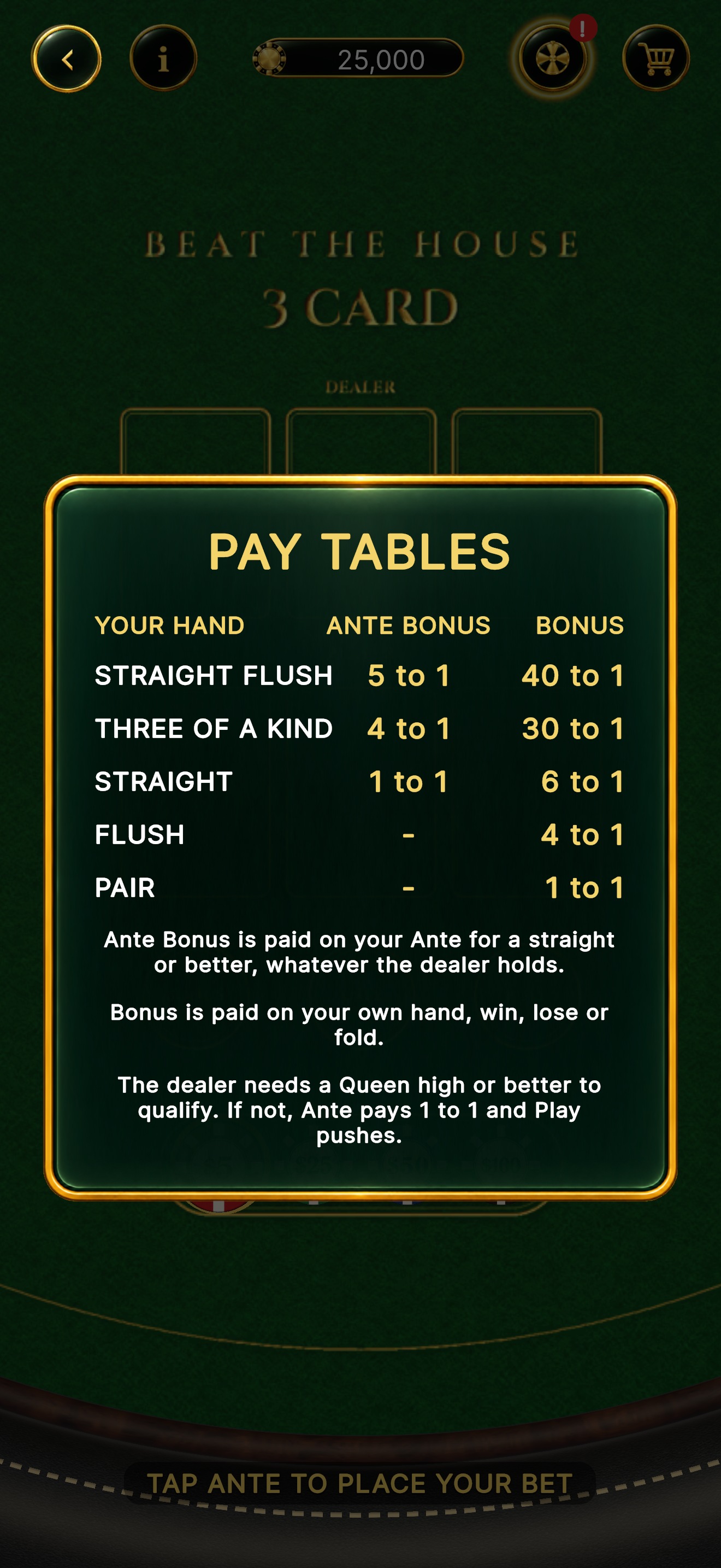 Beat the House 3 Card — pay tables